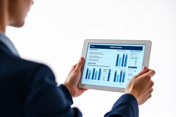 Executive holding a tablet showing a professional strategy report with charts